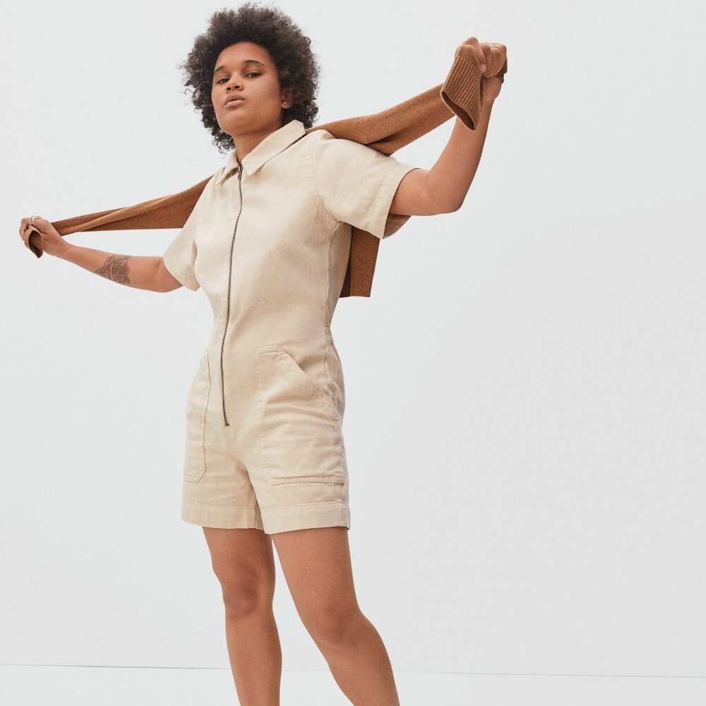 Everlane The Denim Short Coverall Dune 100% organic cotton jumpsuit romper 6